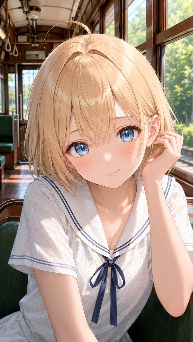 夏日电车上的害羞动漫少女