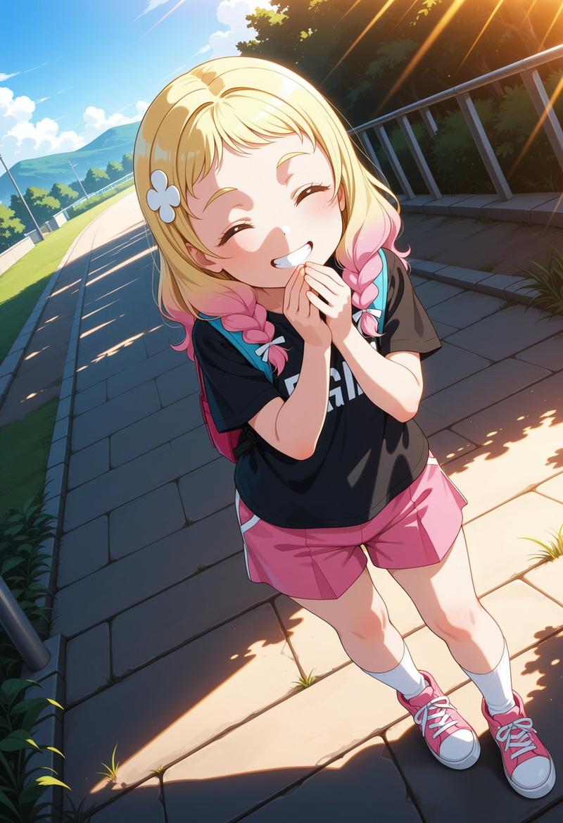 阳光人行道上开朗的动漫少女