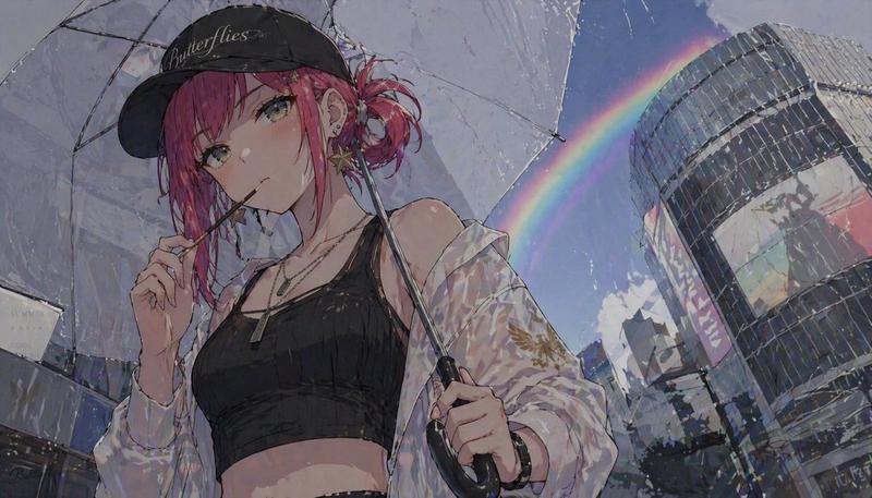 撑伞彩虹下的动漫少女