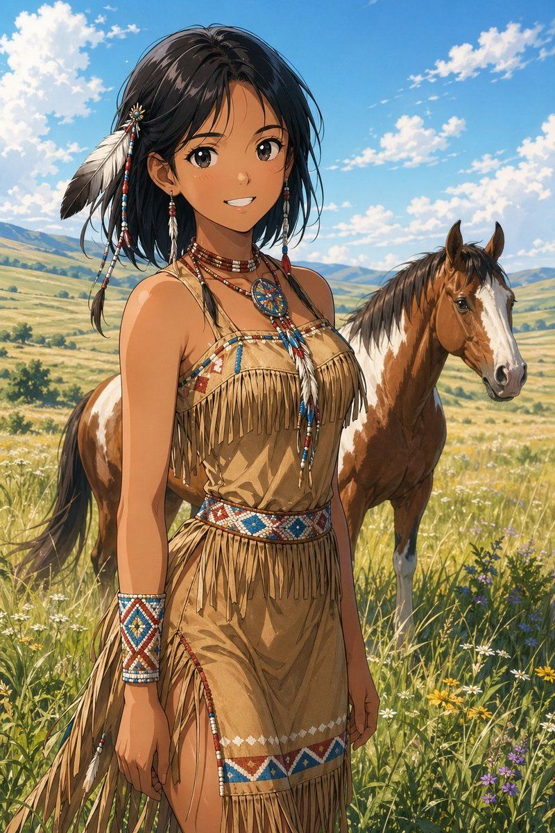 身处草原的动漫风少女与花斑马