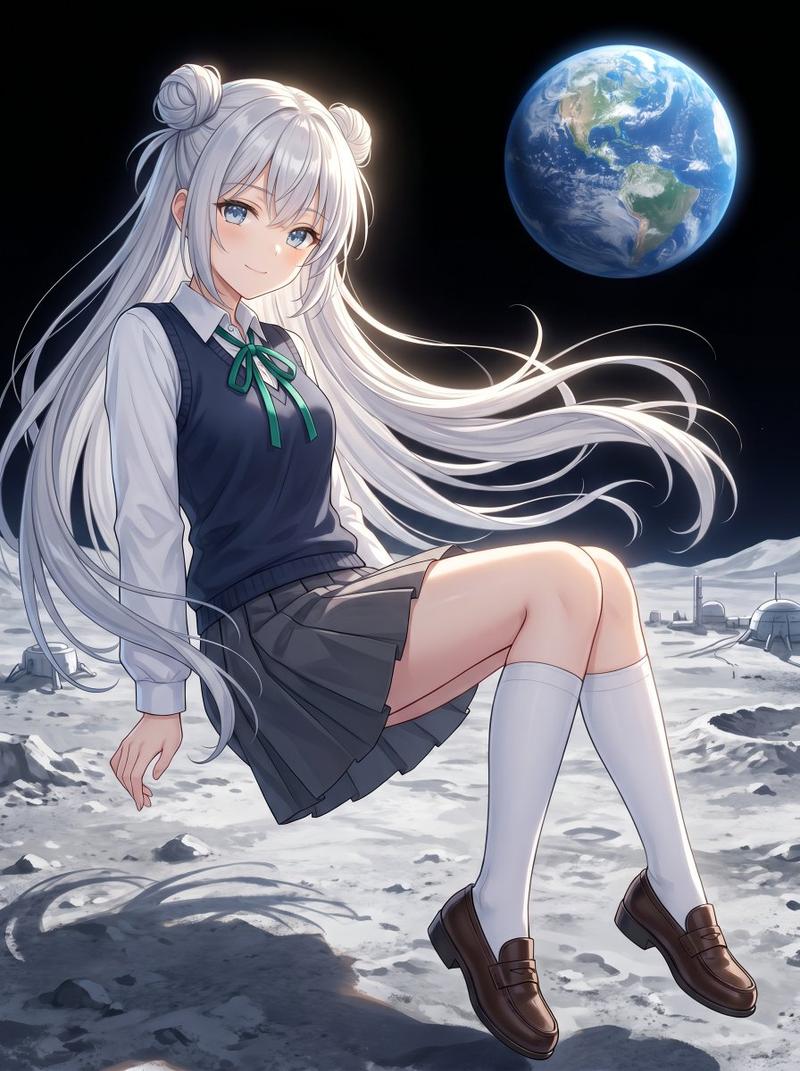 漂浮在月球上的动漫女学生