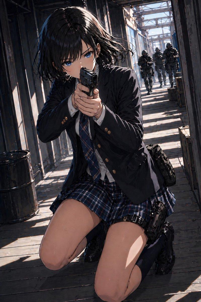 工业走廊上的动漫女学生枪战