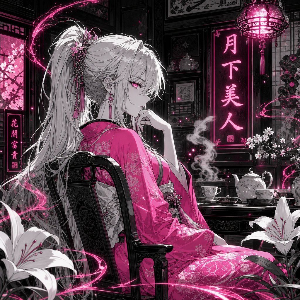 霓虹月光下的动漫茶馆美人