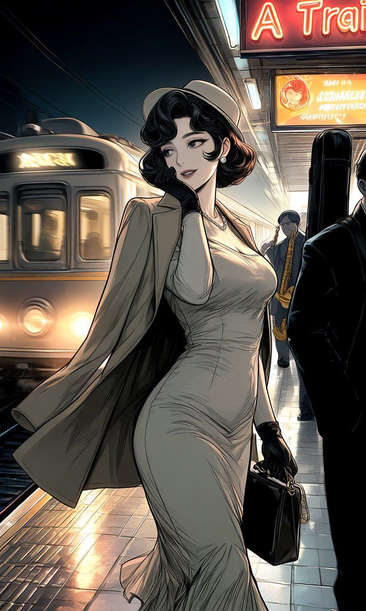 夜间站台上的优雅女性