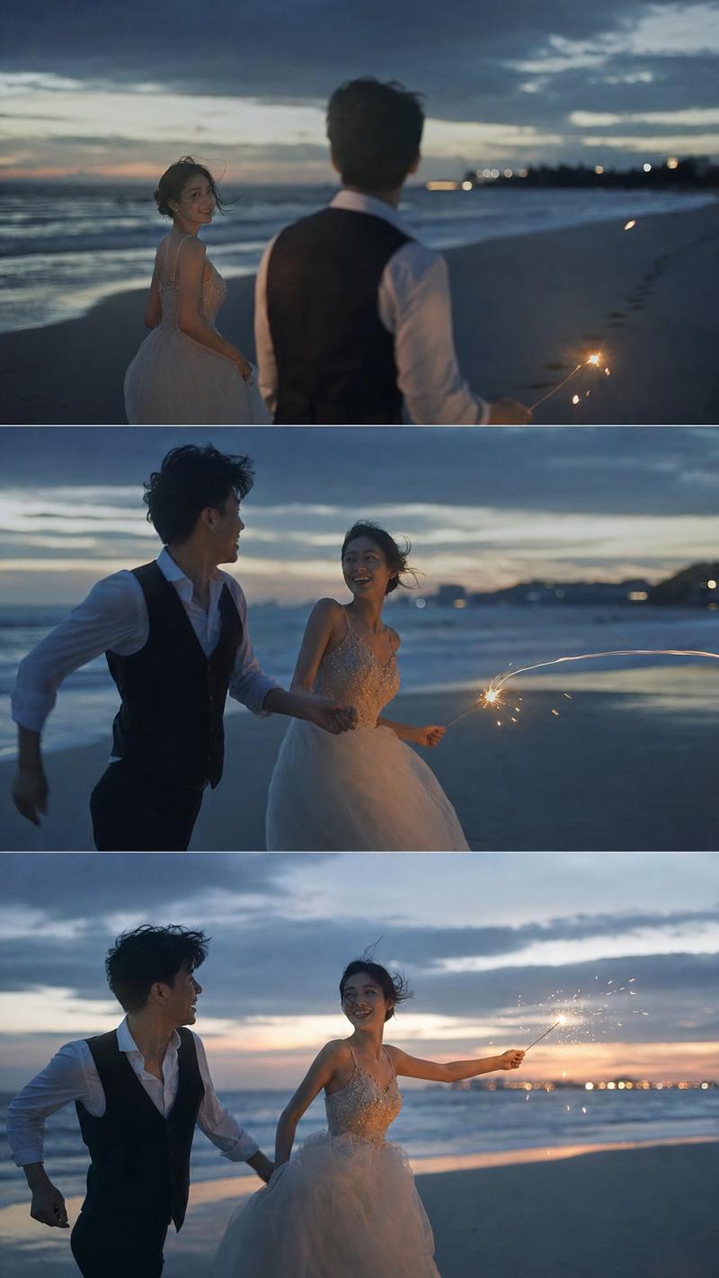 电影感海滩婚礼三联画