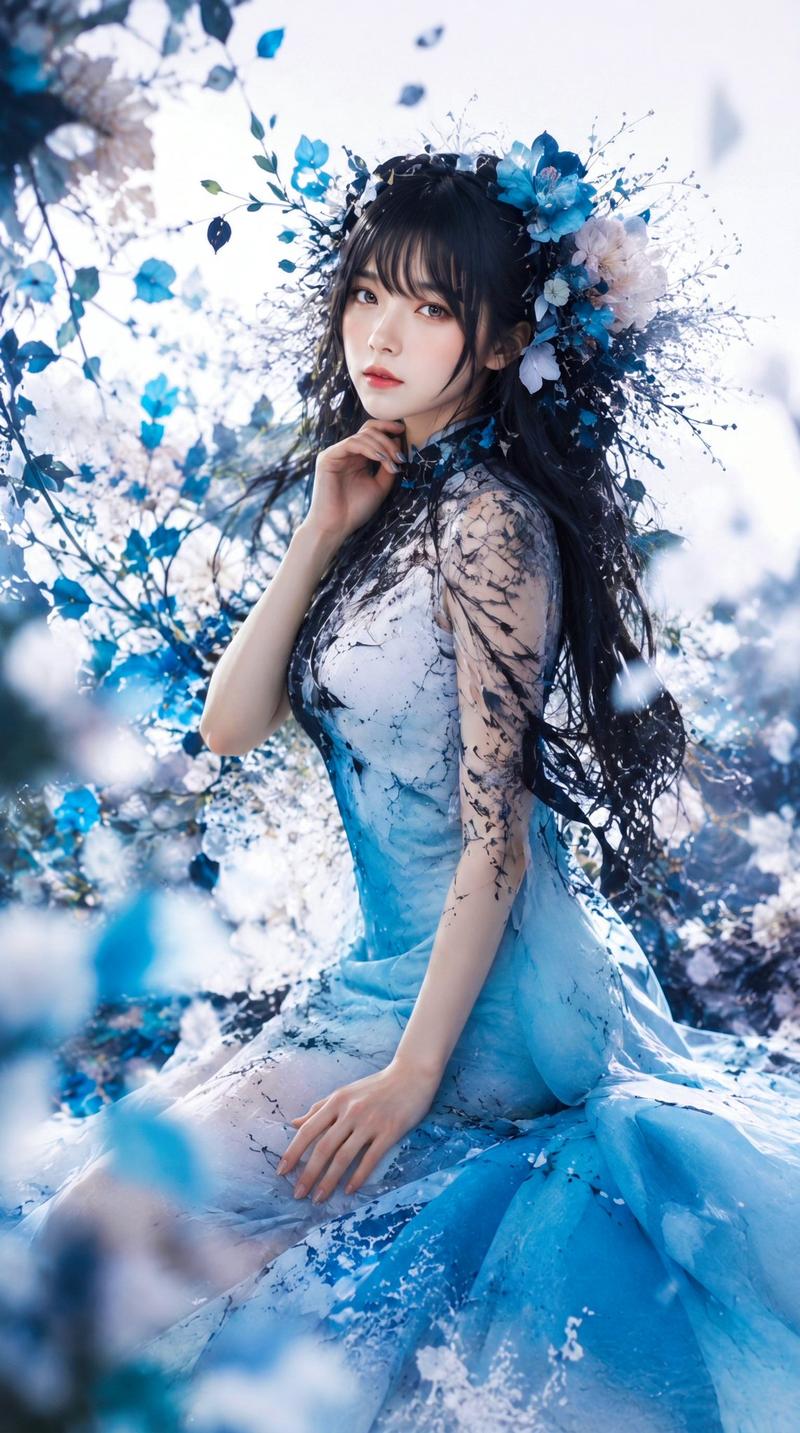 蓝色花卉幻想肖像