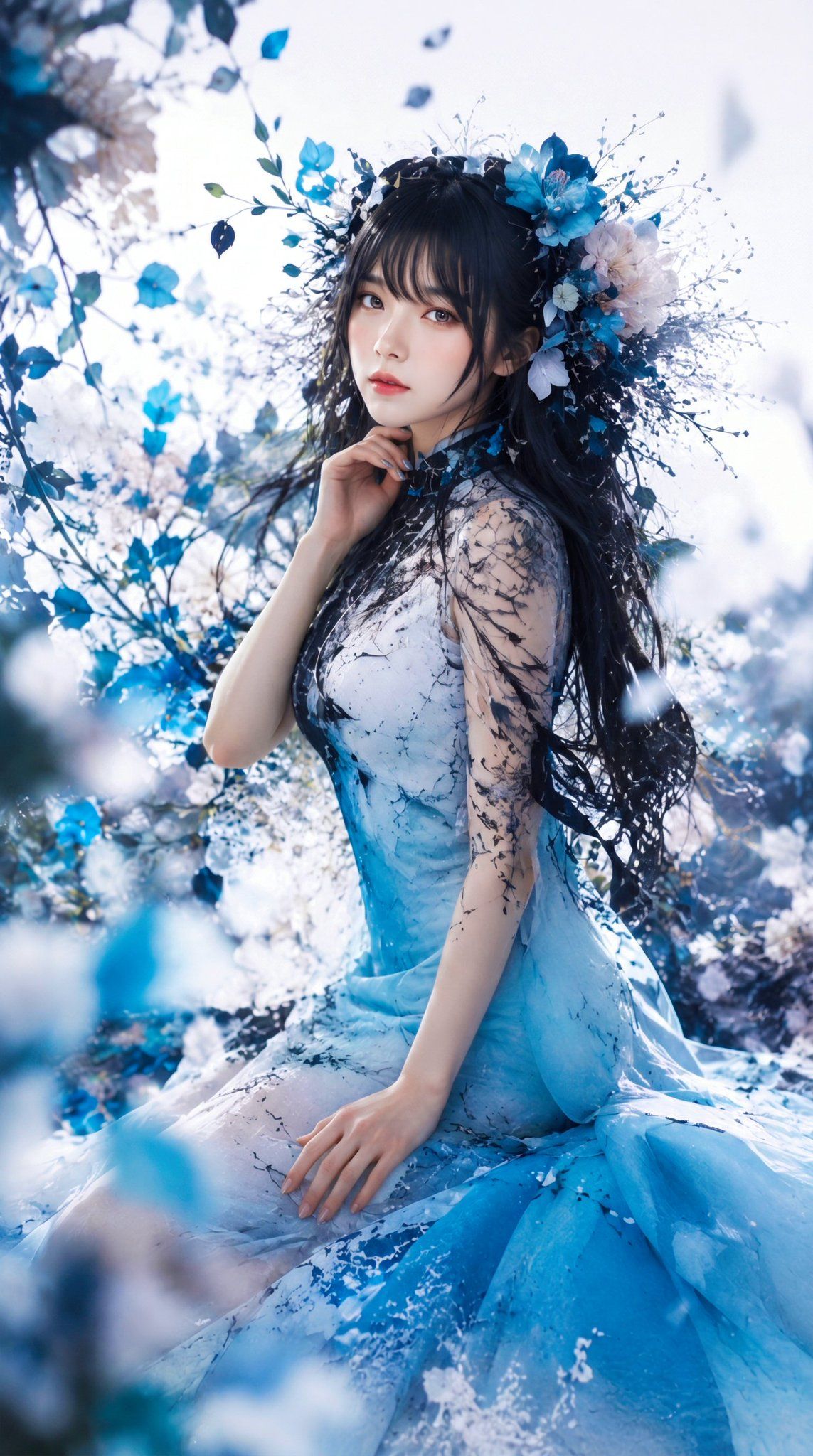 蓝色花卉幻想肖像
