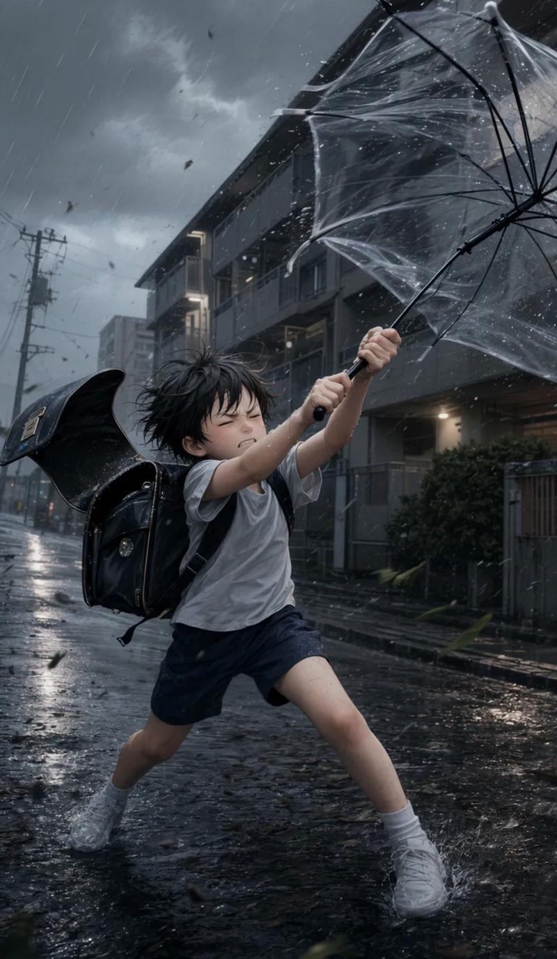 男孩撑伞对抗暴风雨
