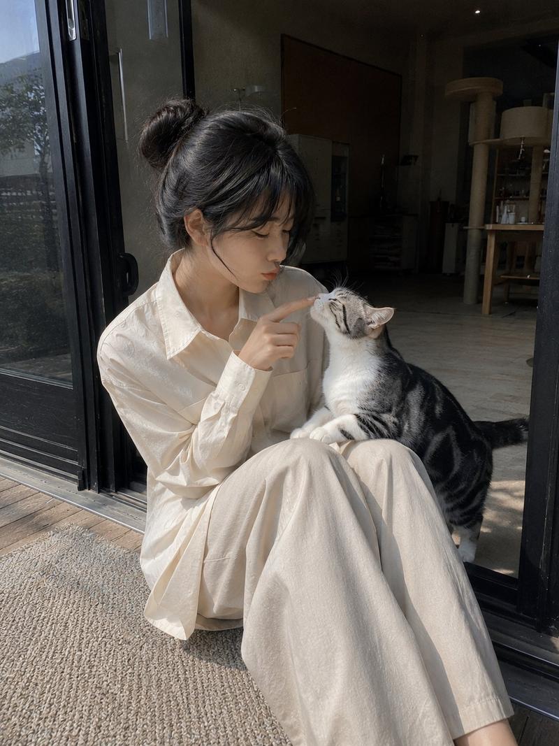 猫咪与主人的自然风手机人像