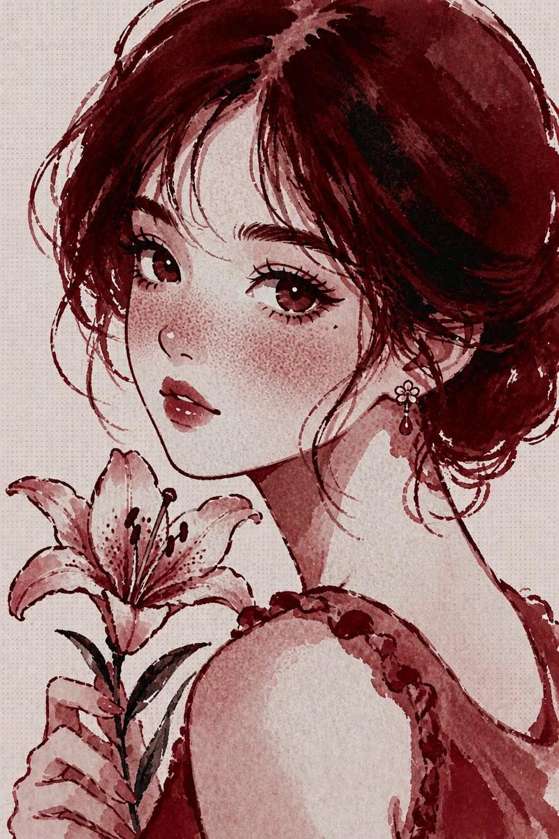 酒红色水彩肖像(带遮挡)