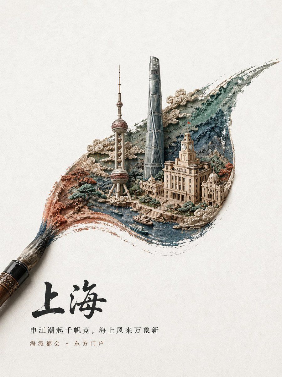 中国水墨笔触上海海报