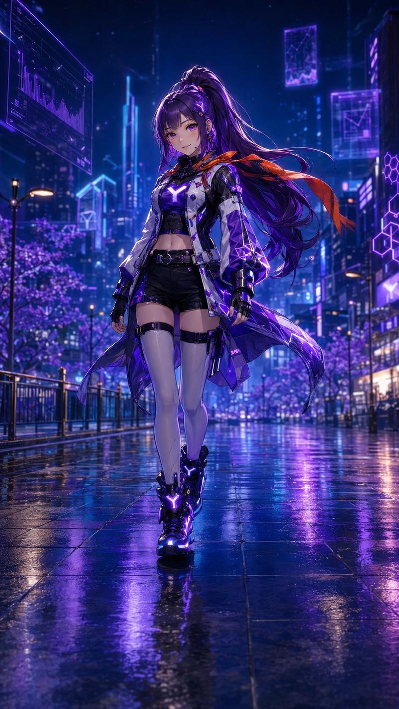 霓虹雨中的赛博朋克动漫女主角