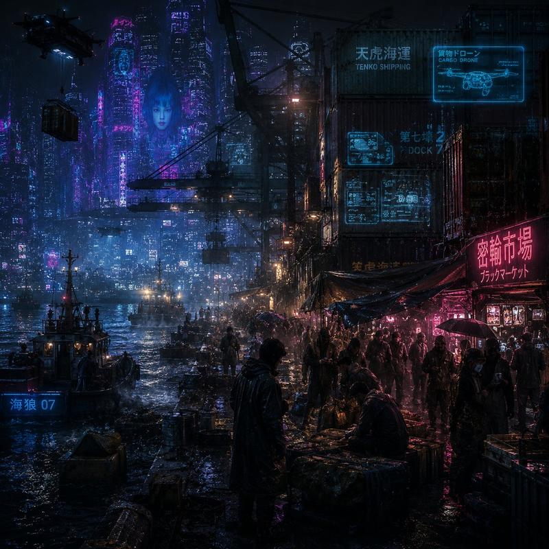 Rainy Cyberpunk Harbor Black Market