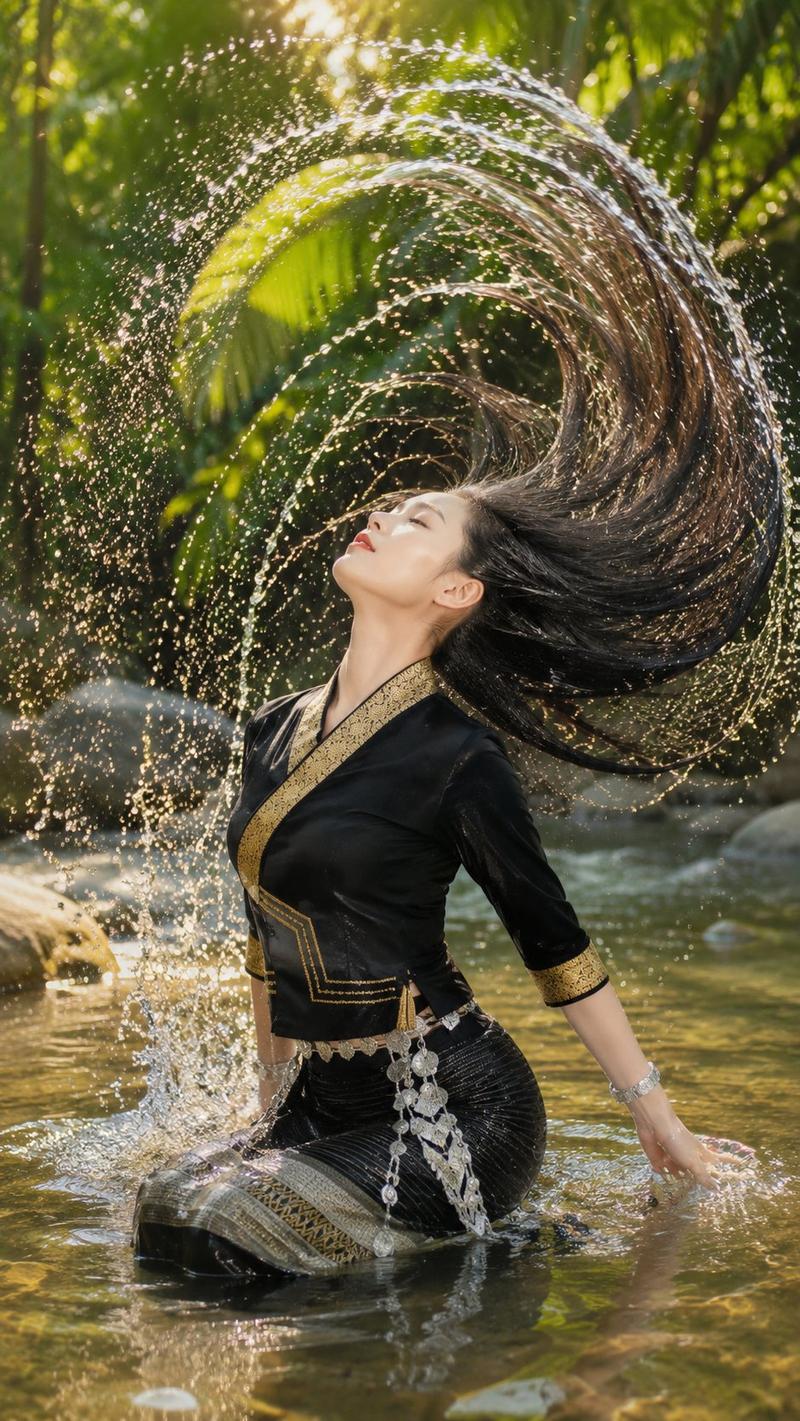 傣族女子河畔洗发