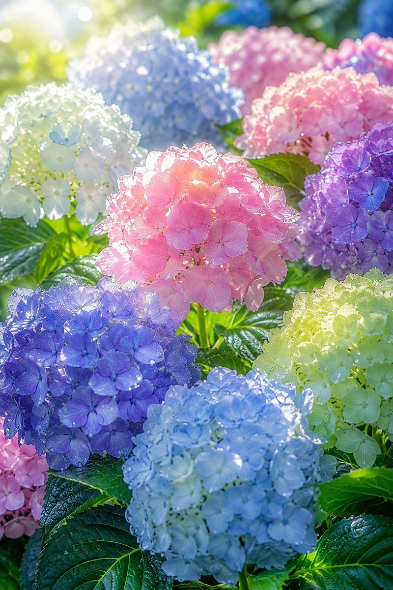 阳光下的露珠绣球花园