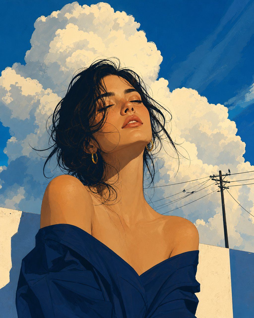 优雅的编辑风天空女性插画