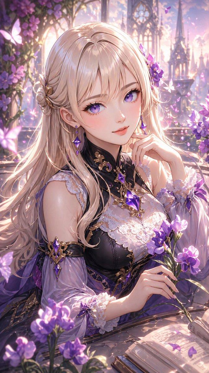 紫罗兰花园中的优雅奇幻少女