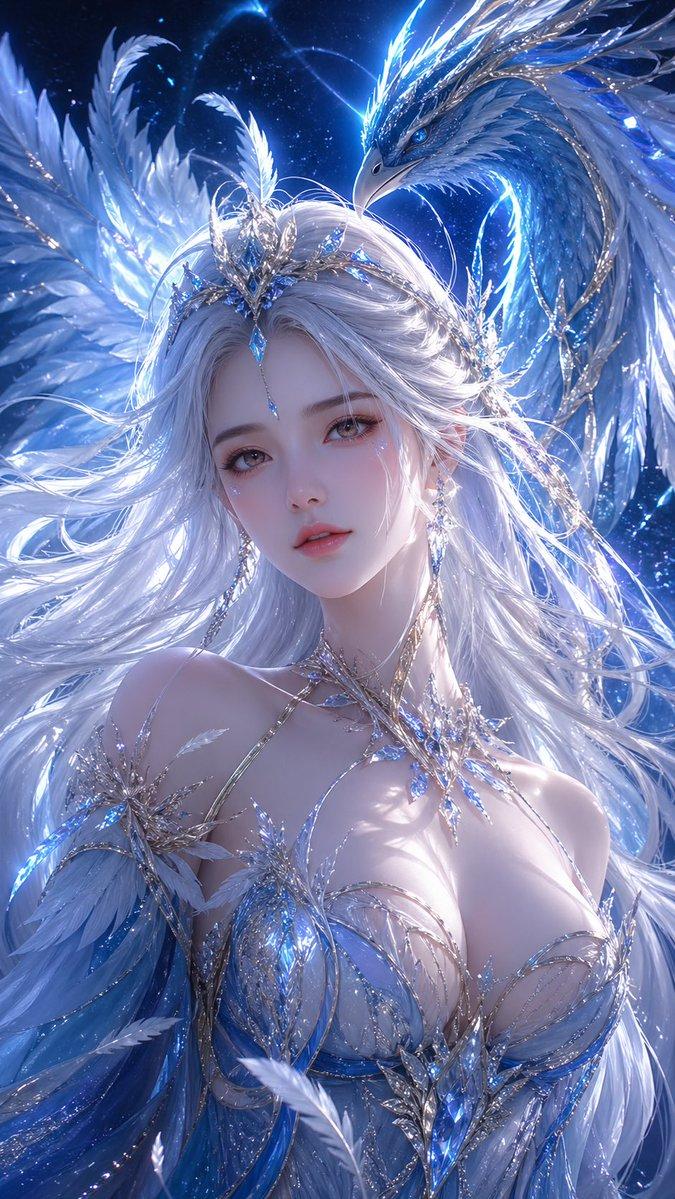 奇幻冰凤凰女神插画