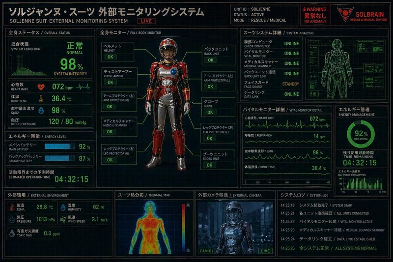 未来感溢れるレスキュースーツ監視用 HUD
