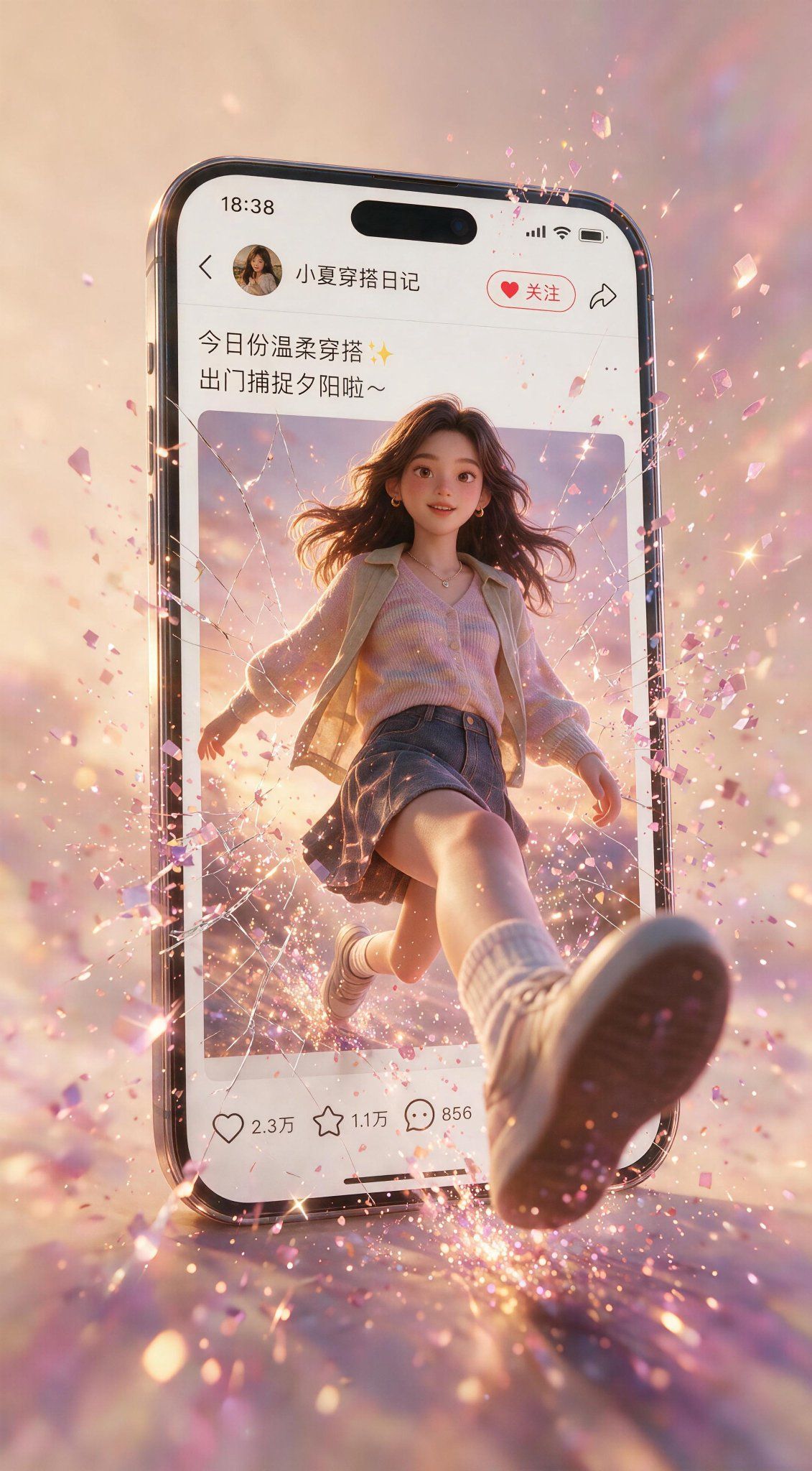 少女从手机屏幕中破屏而出