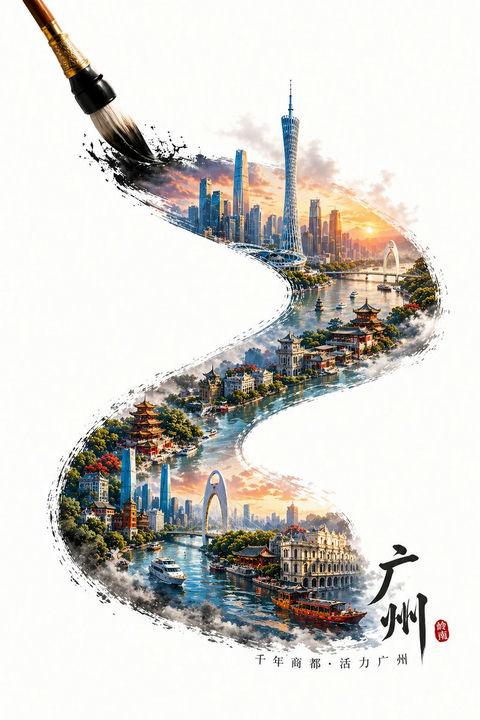 广州水墨笔触旅行海报