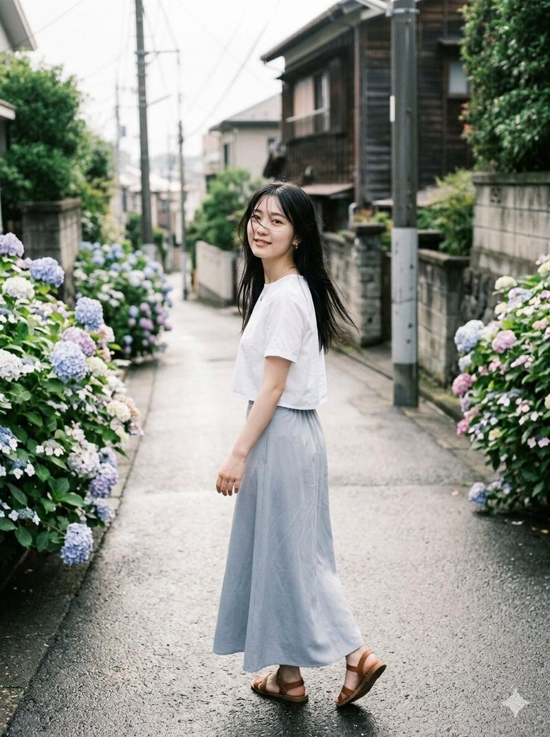 雨中绣球花街头人像