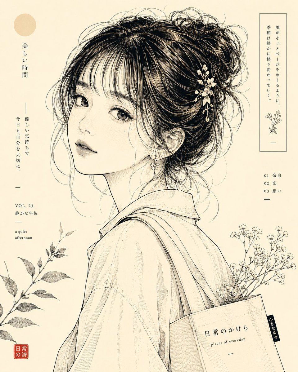 日式线条艺术肖像插画