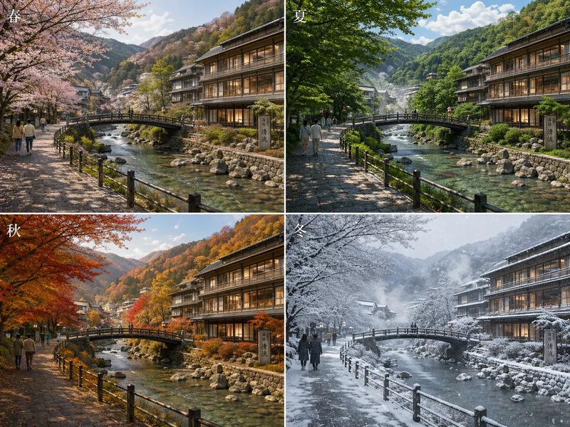 四季中的日本温泉小镇