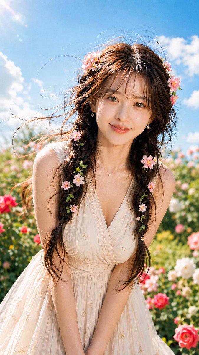 清晨花海人像