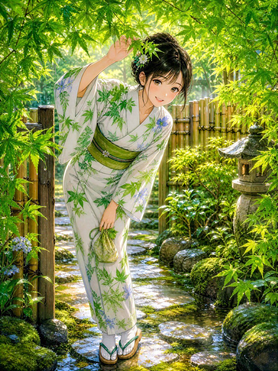 雨中枫叶庭院和服场景