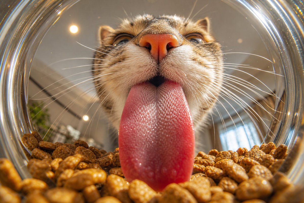 猫咪食盆内的微距舌头特写