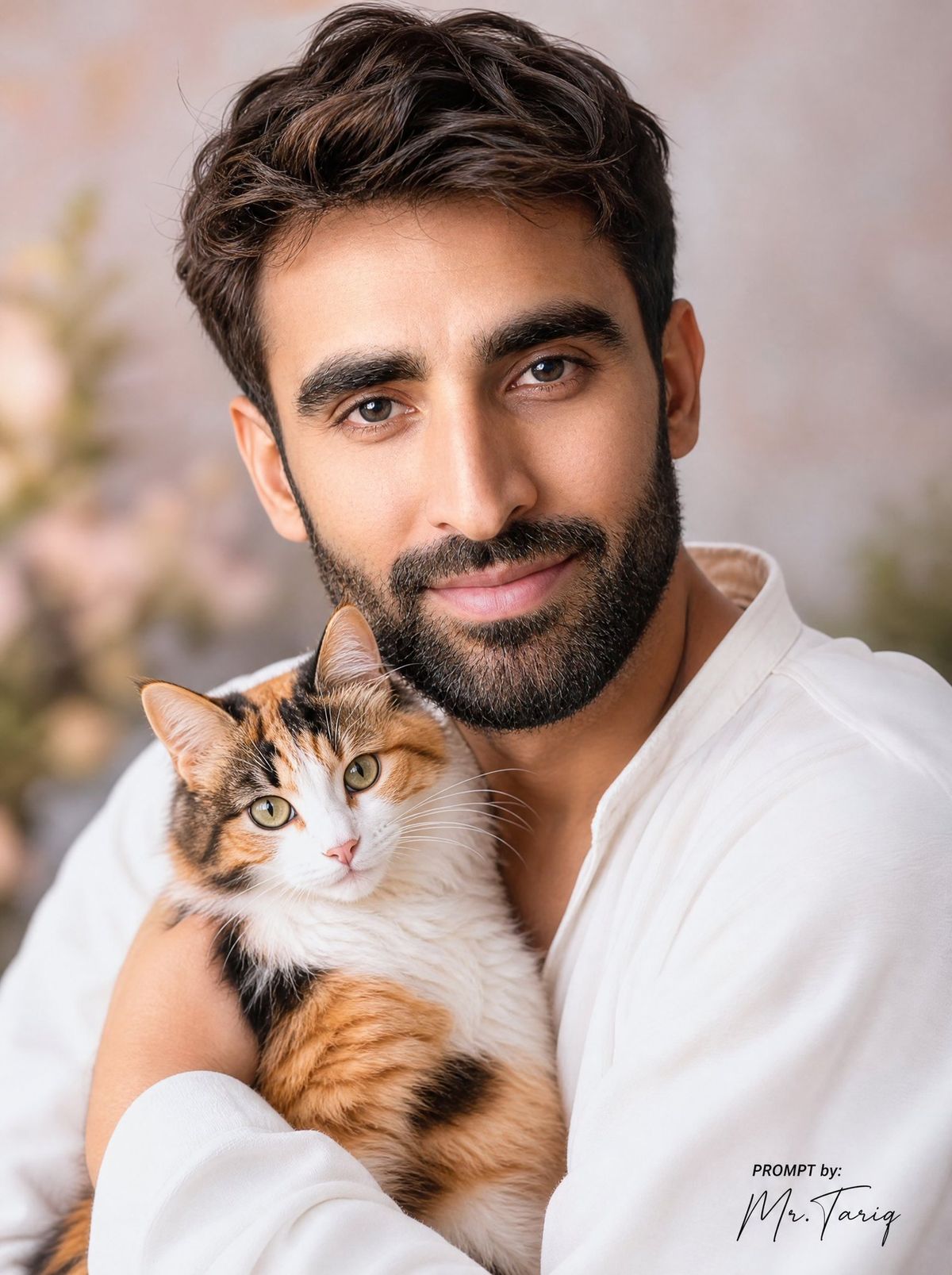 梦幻男子怀抱三花猫肖像