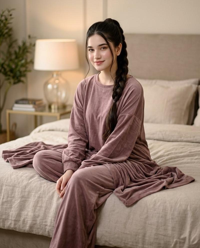 淡紫色家居服卧室人像