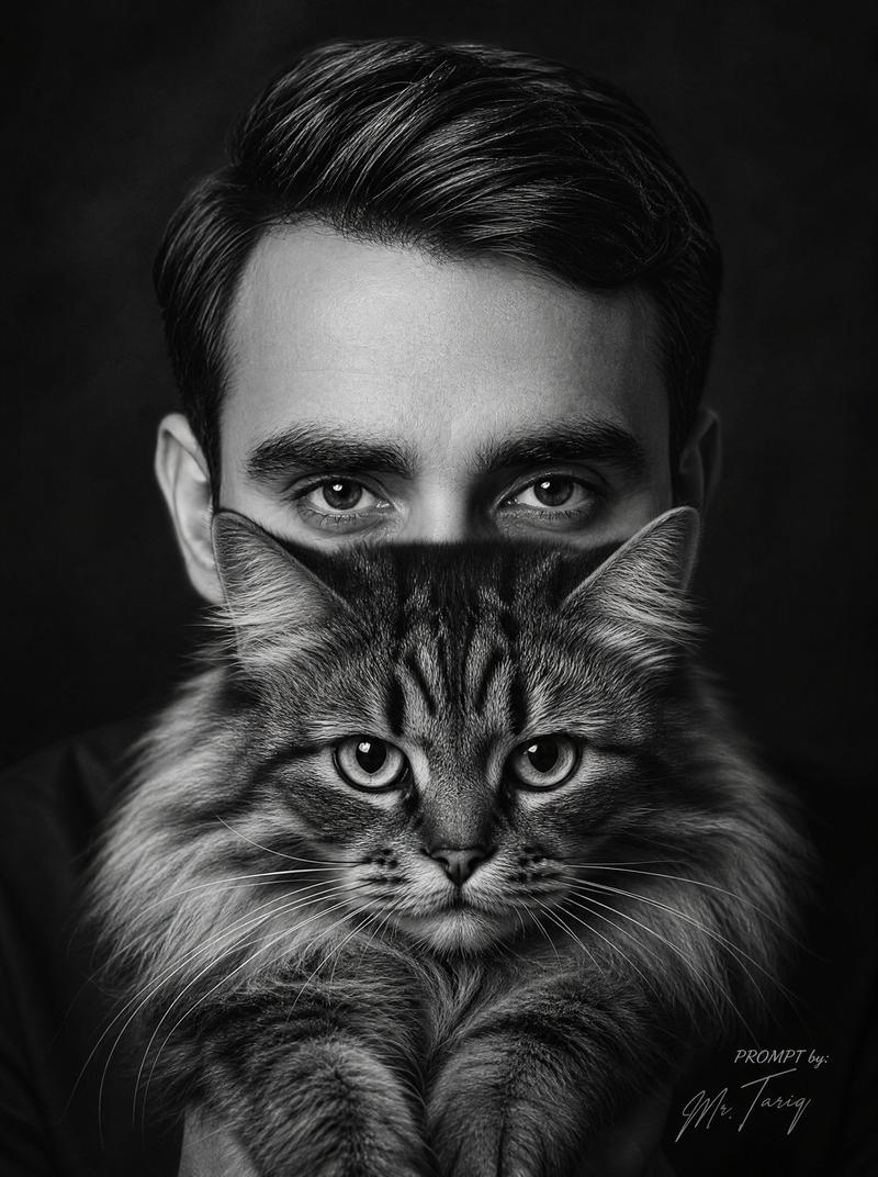 黑白男子抱猫肖像