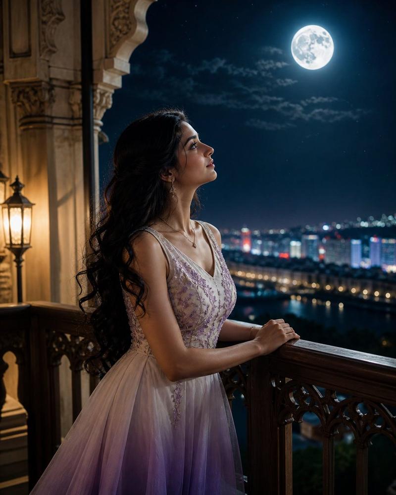 Moonlit Indian Woman Balcony Portrait