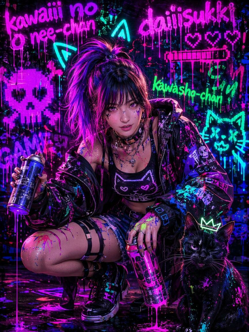 霓虹朋克涂鸦少女与猫