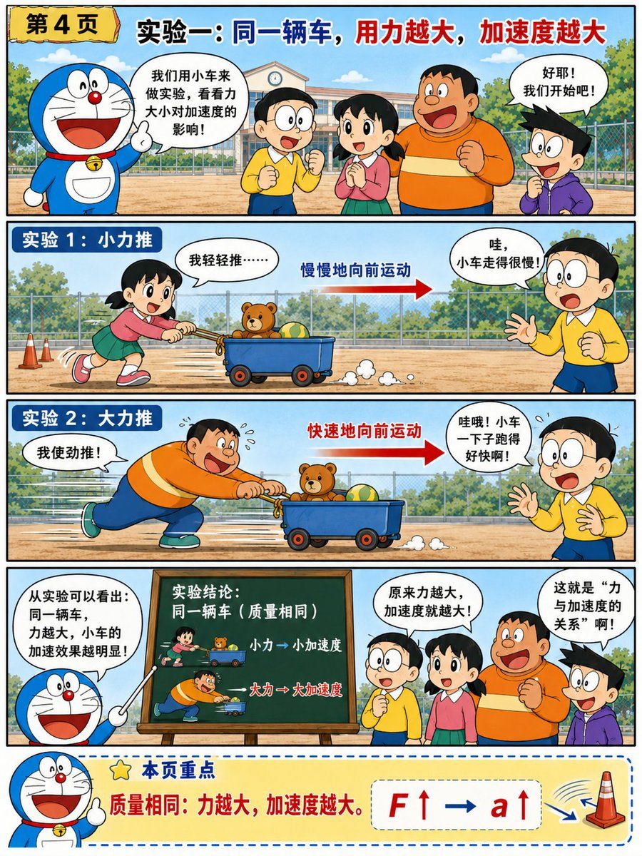 哆啦 A 梦风格牛顿第二定律漫画