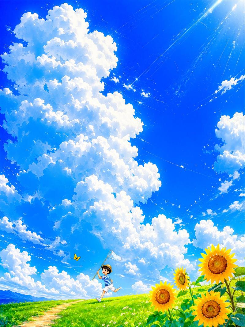 夏日天空下追逐蝴蝶的男孩
