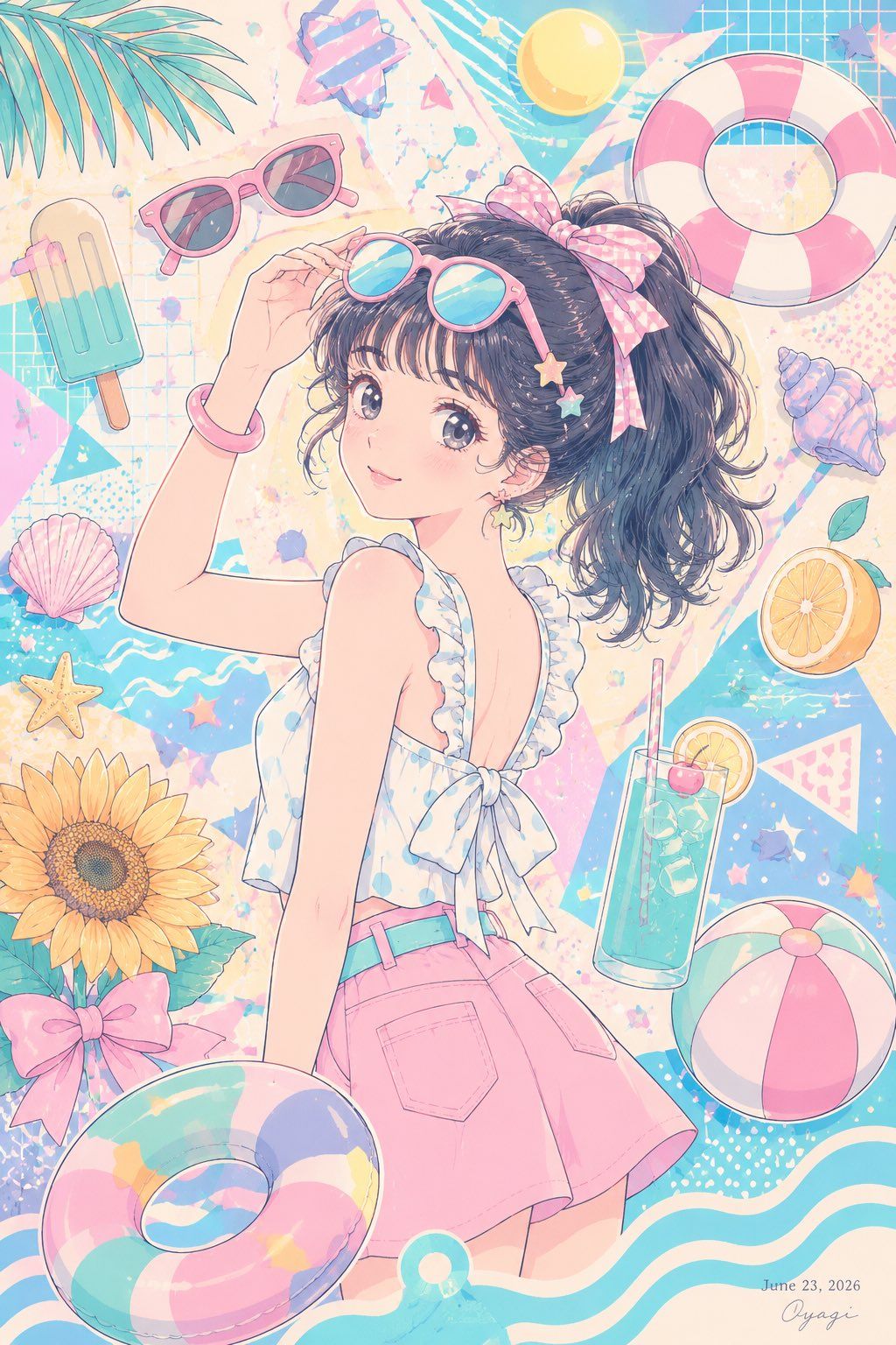 马卡龙色系动漫风夏日海滩拼贴画