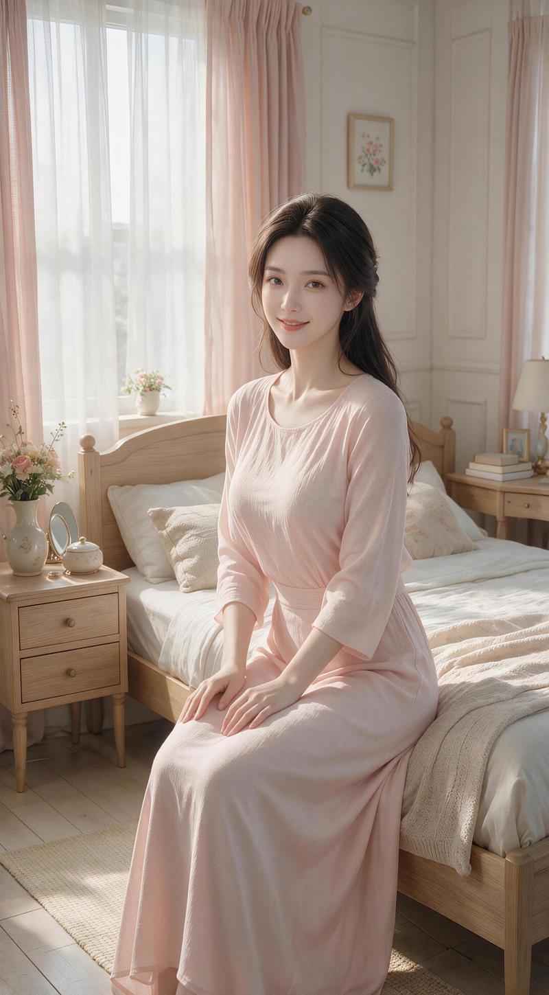 柔和色调卧室中的 3D 女性肖像