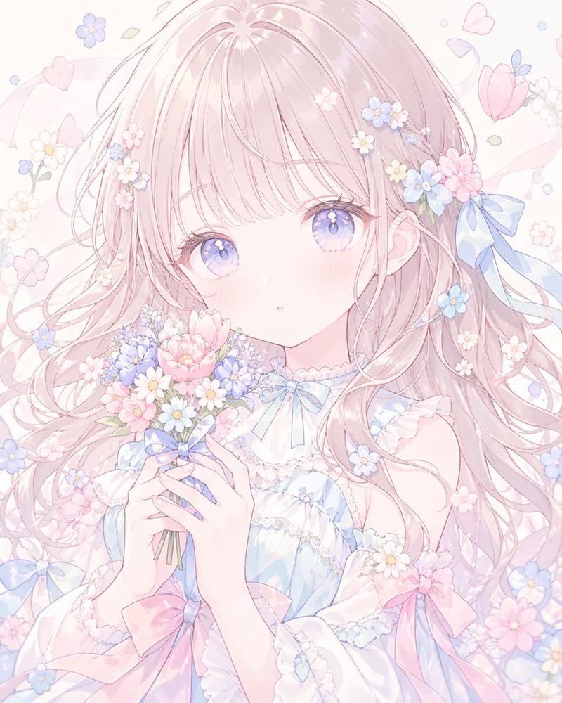 柔和色调无脸动漫花卉肖像