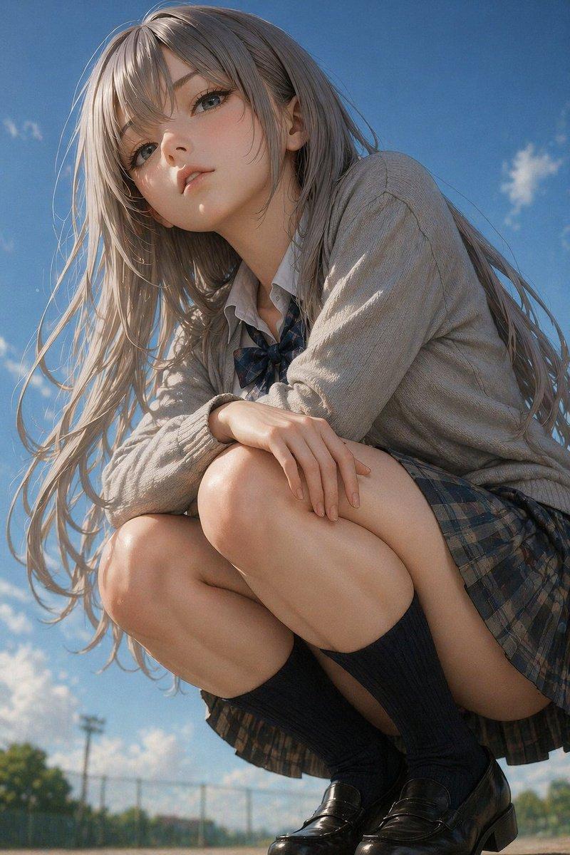 写实风格动漫女高中生蹲姿肖像