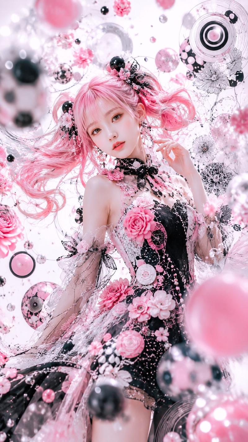 粉色哥特花卉幻想肖像