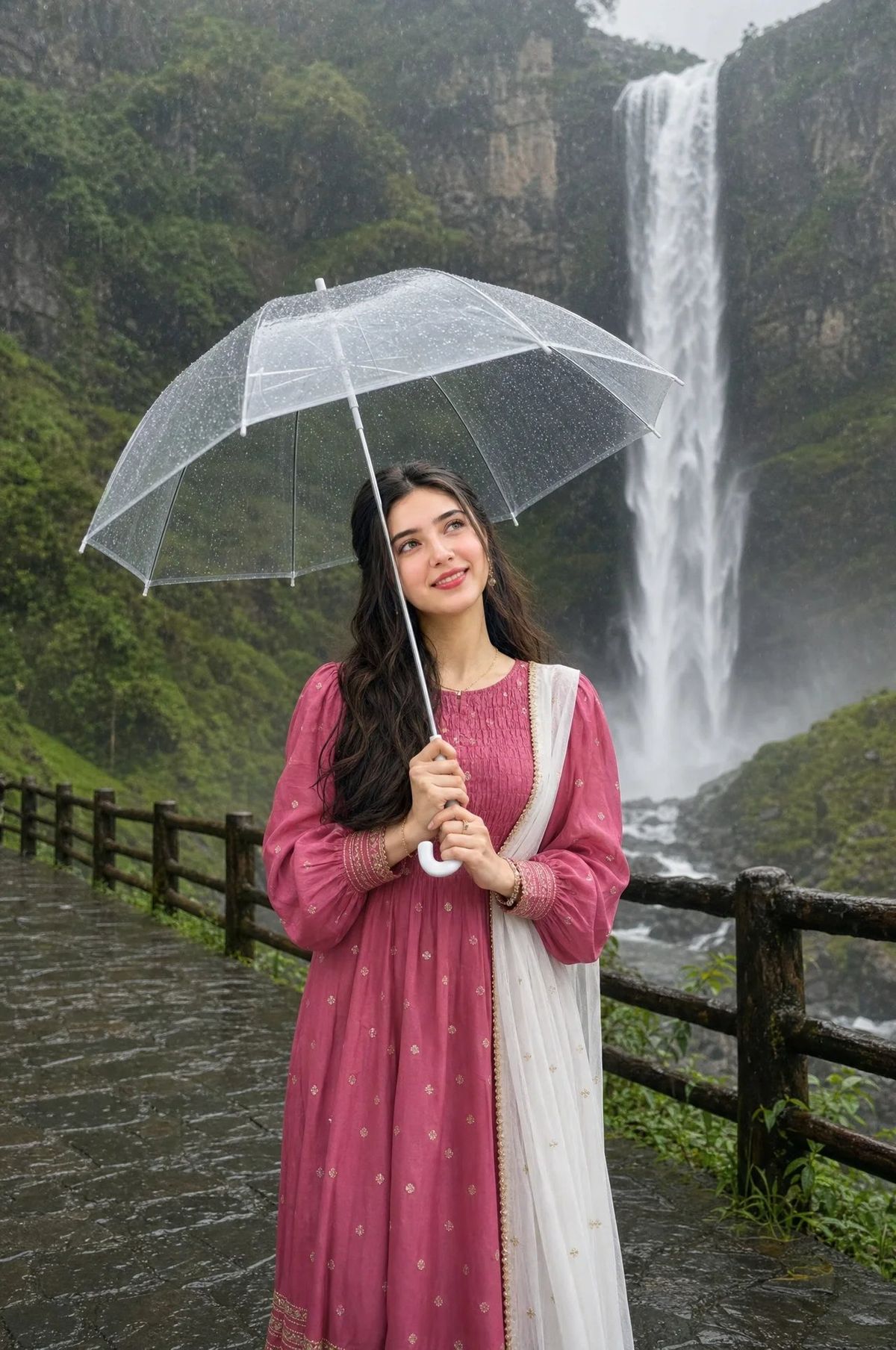 身穿粉色 Lehenga 的女子与瀑布