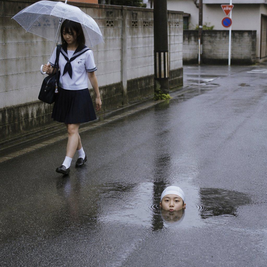 雨中日本街道超现实水坑场景