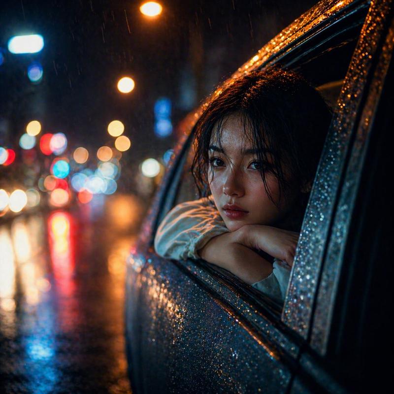 雨夜中倚靠在车窗旁的女子