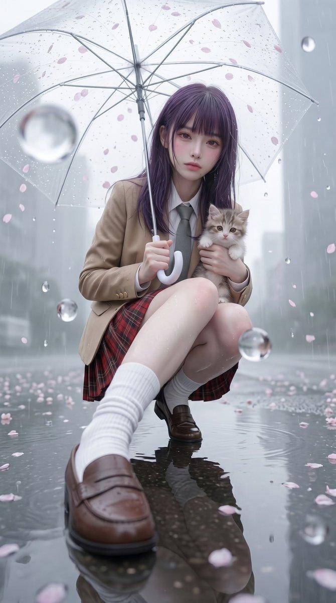 雨中樱花女学生肖像