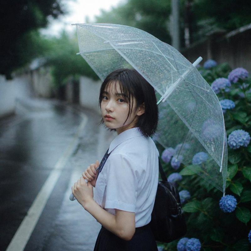 雨中撑透明雨伞的女学生