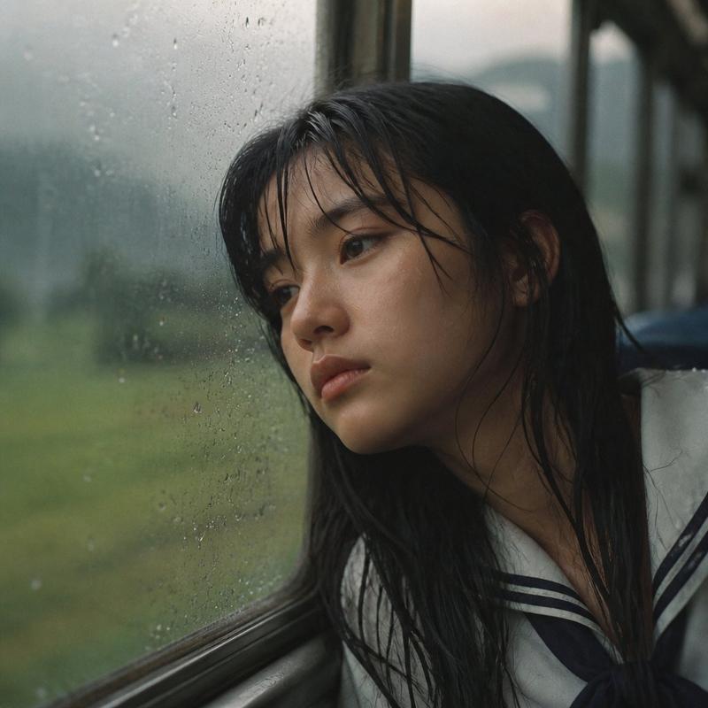 雨中电车女学生肖像