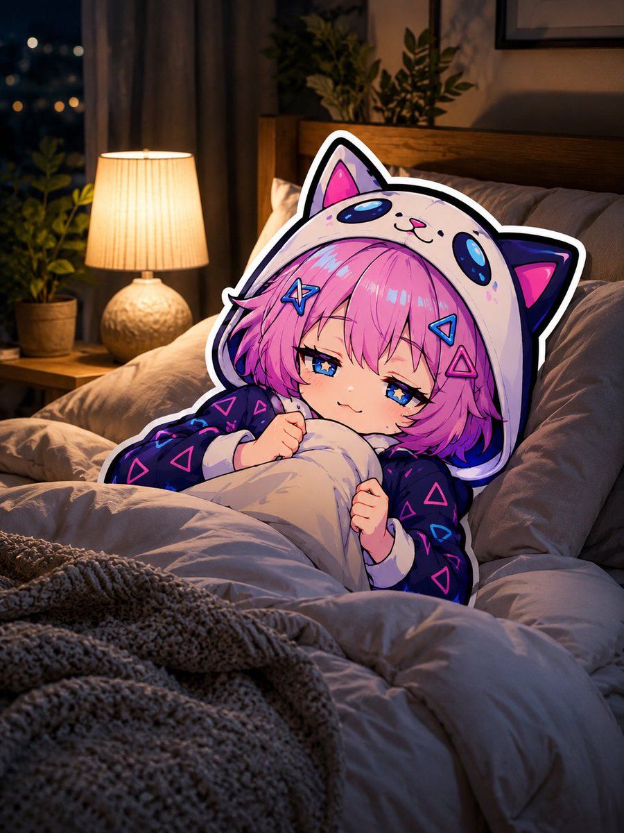 床上困倦的猫咪连帽衫动漫女孩